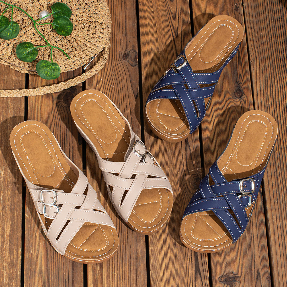 Crossed Striped Casual Slippers