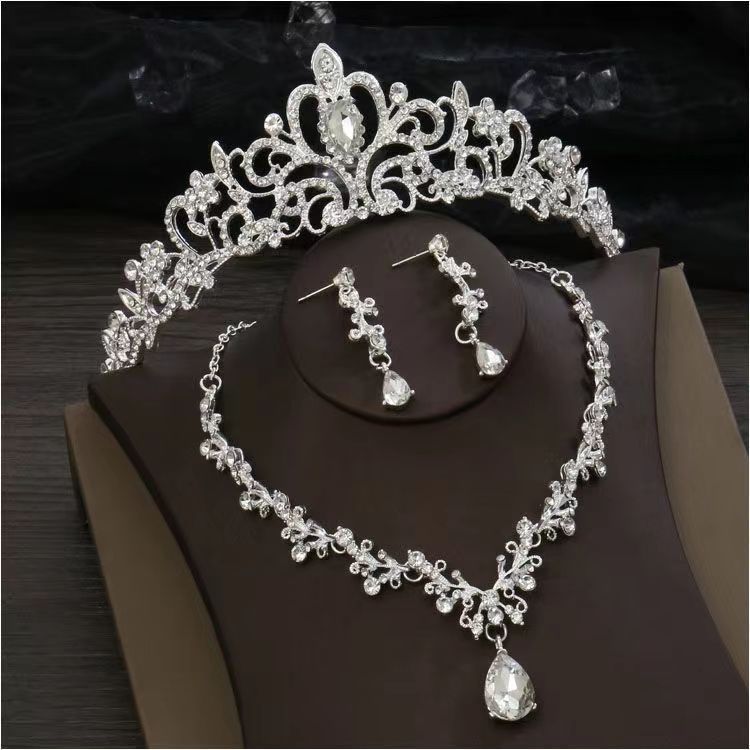 Crown Tiara Bridal Three-Piece Set with Necklace and Earrings