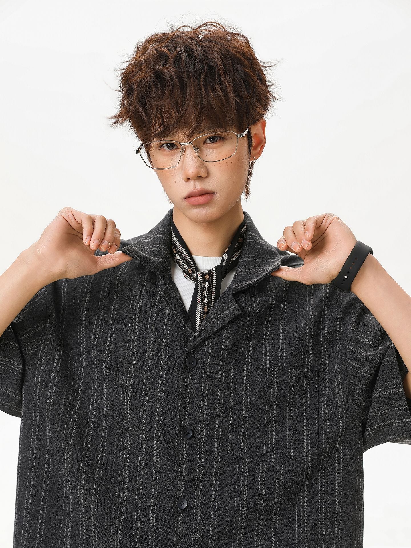 Cuban Collar Striped Casual Shirt