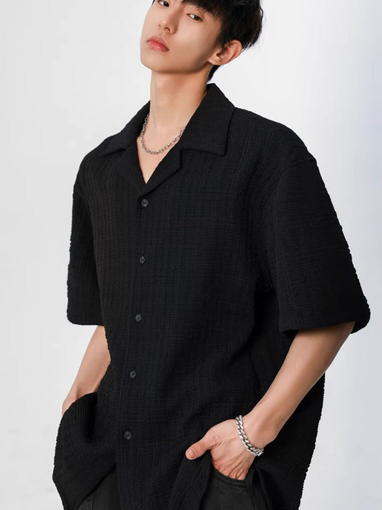 Cuban Collar Textured Short Sleeve Shirt