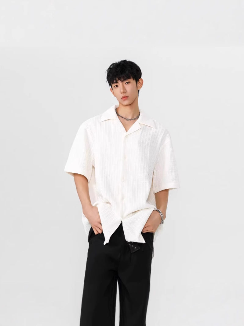 Cuban Collar Textured Short Sleeve Shirt