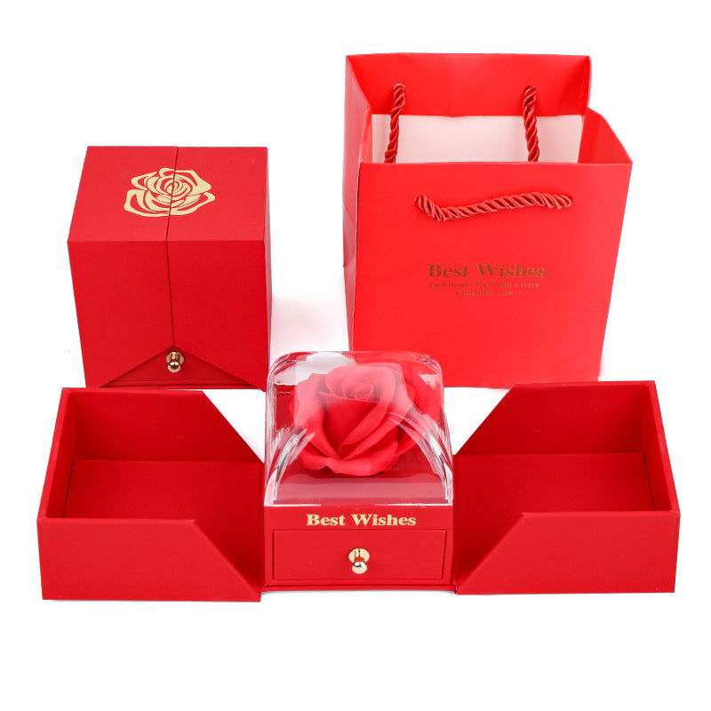 Curved Acrylic Double Opening Rose Jewelry Box with Gift Bag
