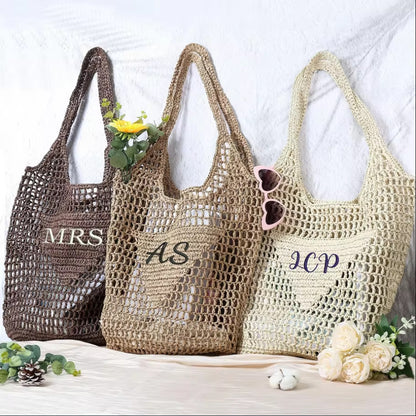 Custom Embroidered Raffia Woven Tote Bag