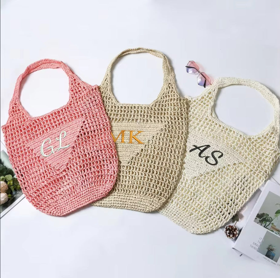 Custom Embroidered Raffia Woven Tote Bag