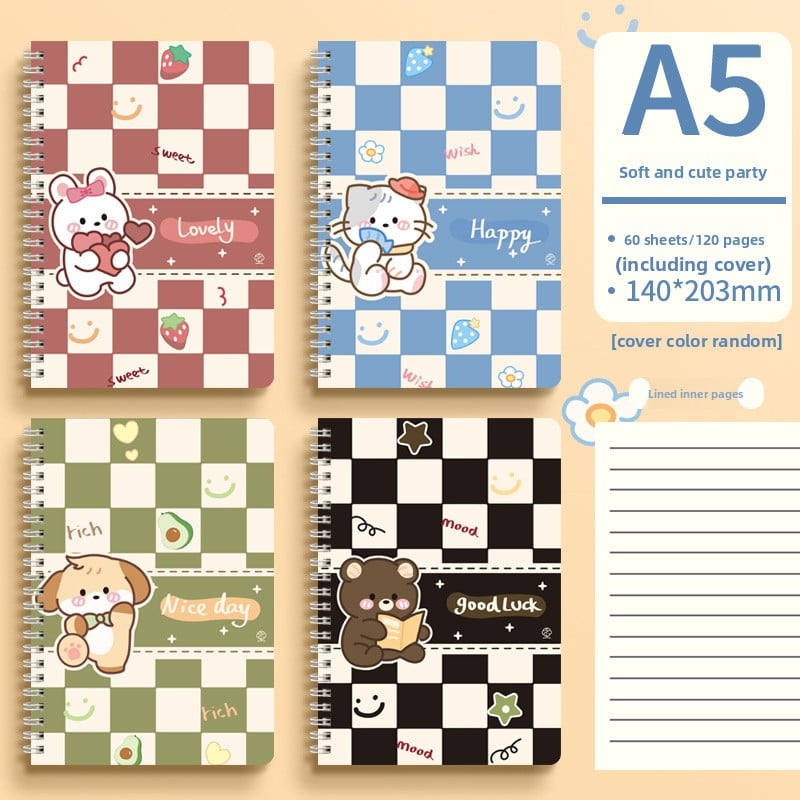 Cute Animal Coil Notebook with Hard Cover - A5/B5, 60 Sheetsd