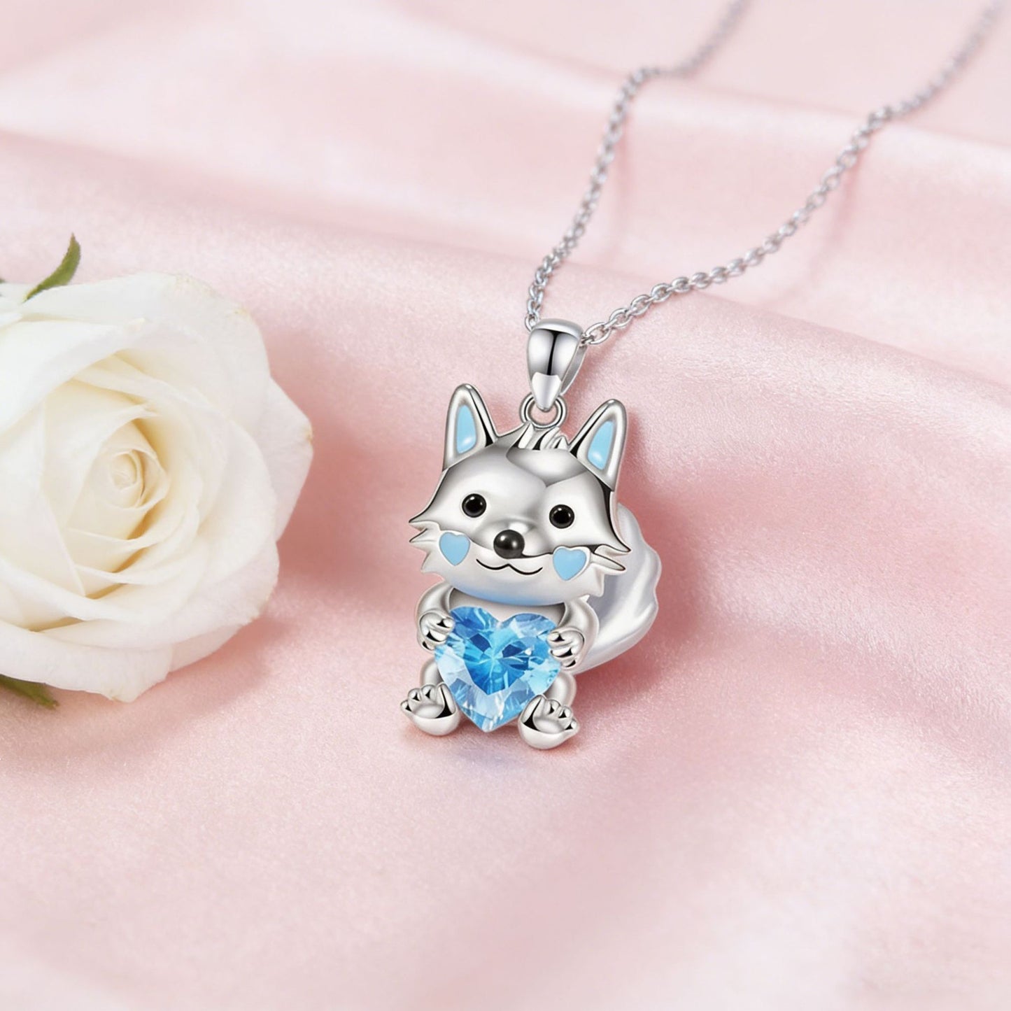 Cute Arctic Fox Blue Crystal Alloy Pendant Necklace Earrings Set