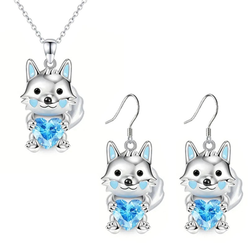 Cute Arctic Fox Blue Crystal Alloy Pendant Necklace Earrings Set