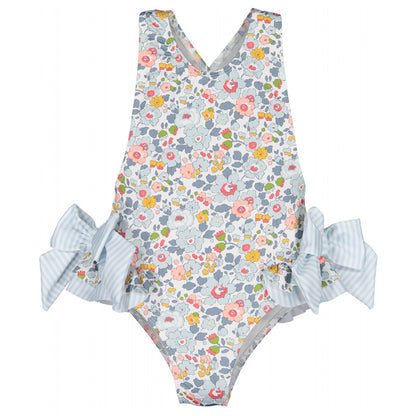 Cute beach swimsuit with blue and pink prints