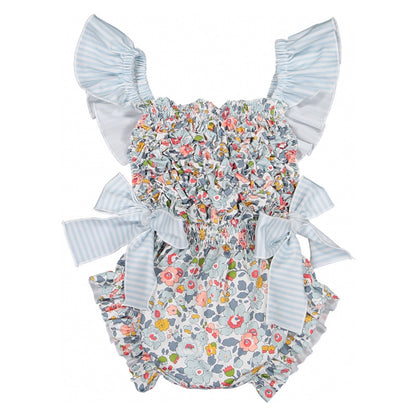 Cute beach swimsuit with blue and pink prints