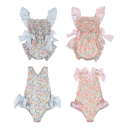 Cute beach swimsuit with blue and pink prints