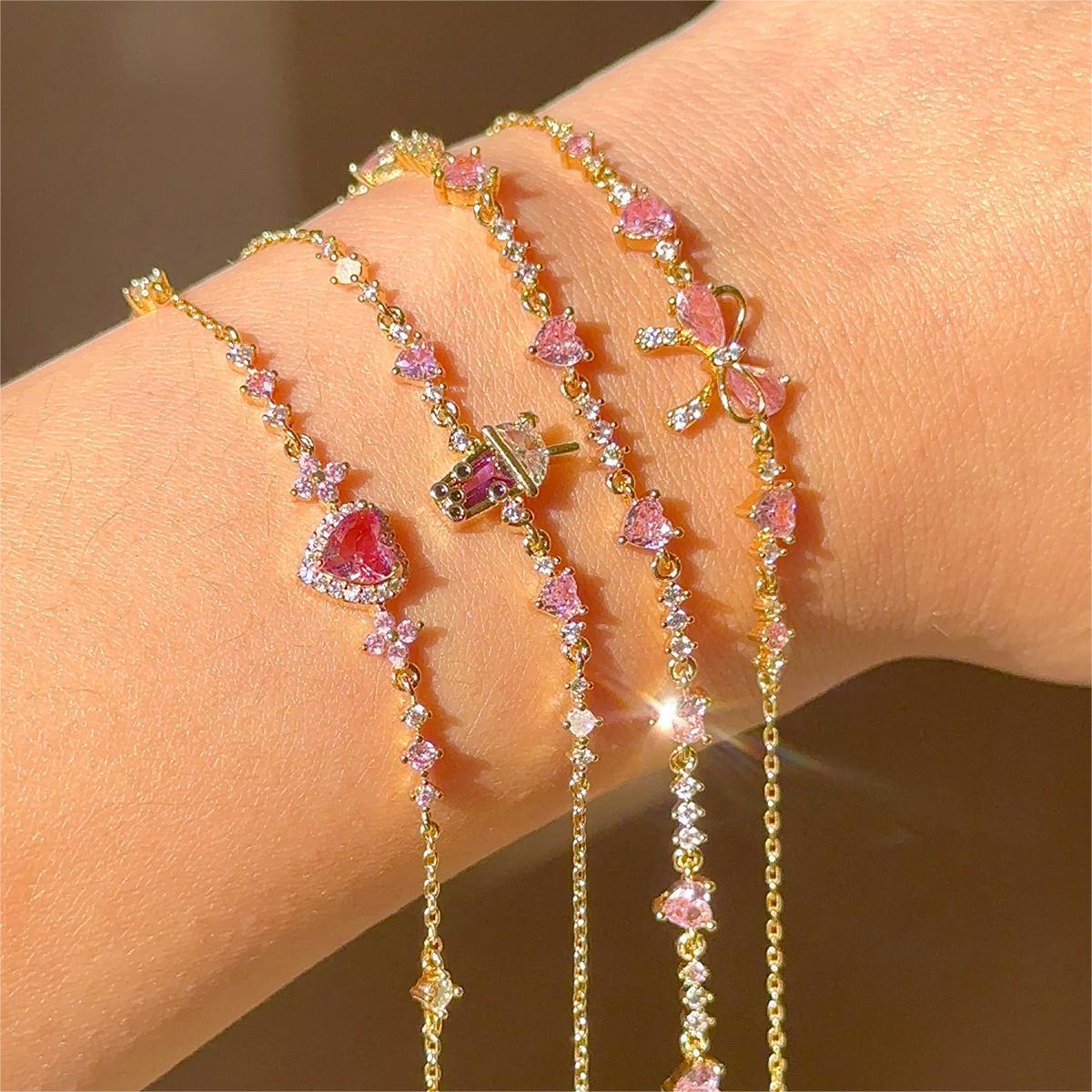 Cute Bow Heart Zircon Gold Plated Bracelet