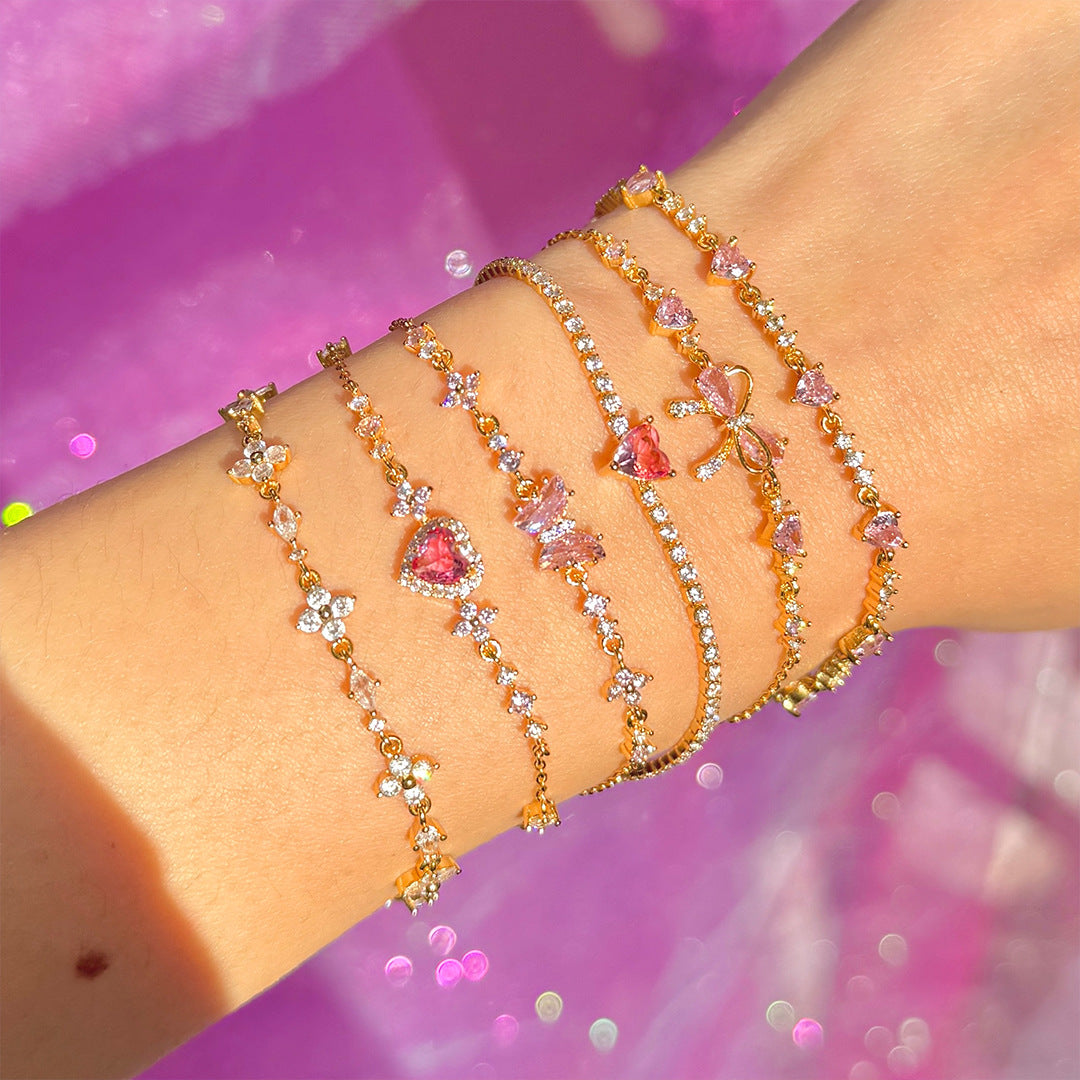 Cute Bow Heart Zircon Gold Plated Bracelet
