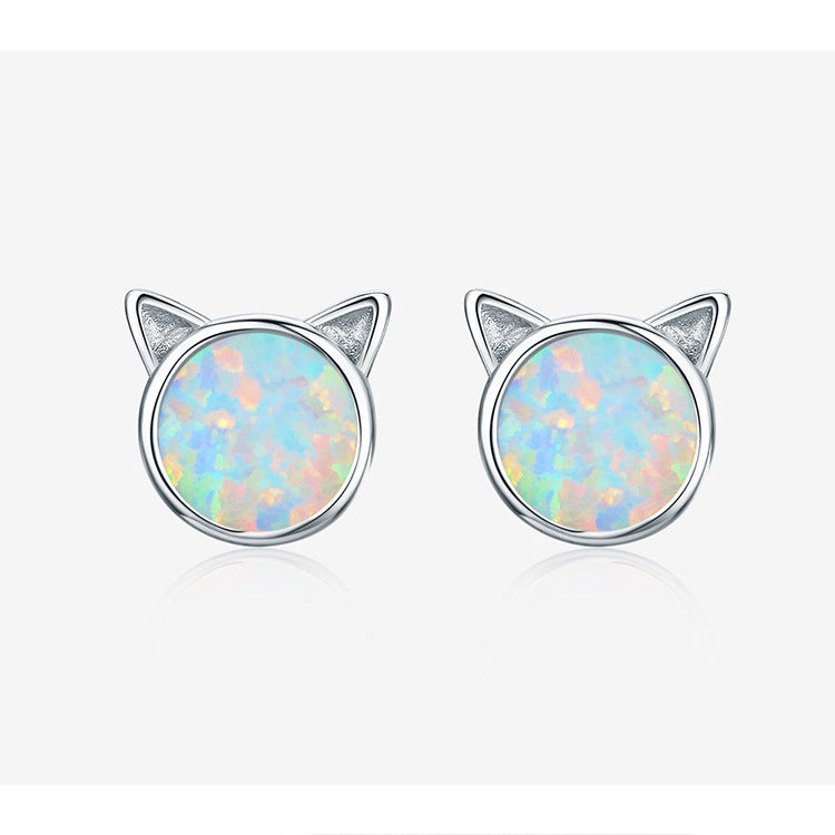 Cute Cat Opal Sterling Silver Earrings