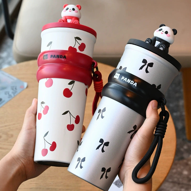 Cute figurine insulated cup with large capacity and straw spout