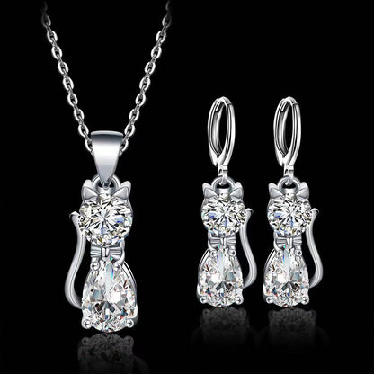 Cute Kitten Zircon Necklace and Earrings