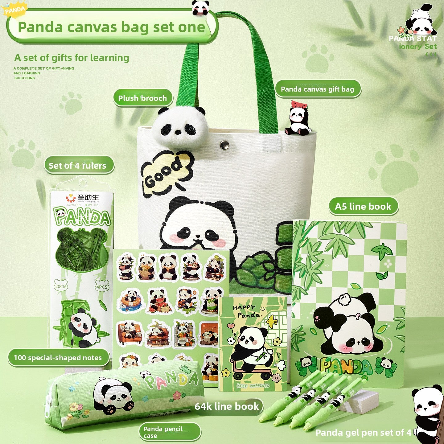 Cute panda canvas bag stationery set