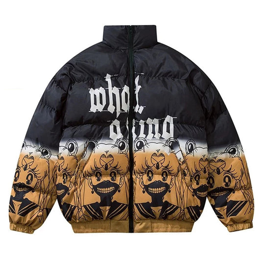 Hip Hop Oversized Padded Parka Men’s Harajuku Gradient Cartoon