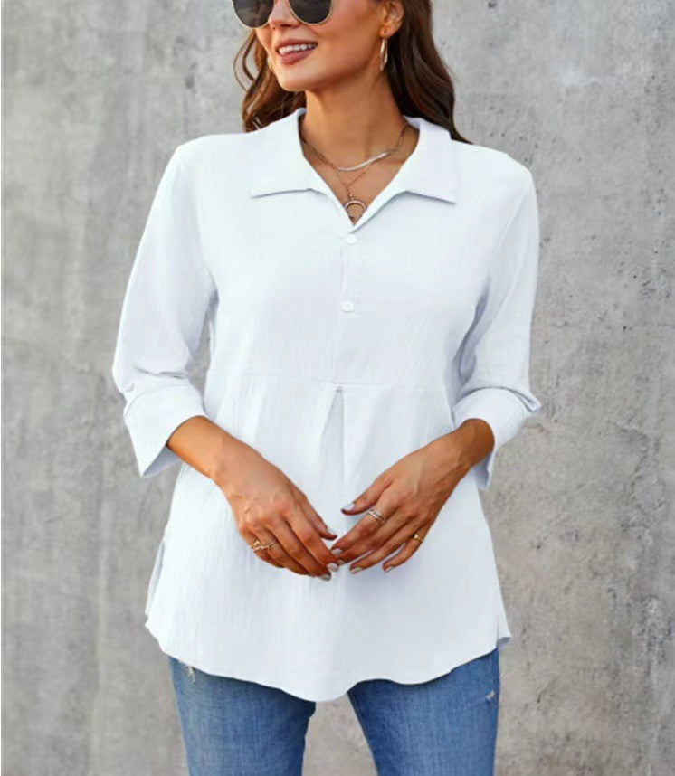 Solid-Color Peplum Women's Shirt – Lapel-Neck and Slit Detail