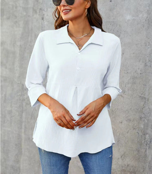 Solid-Color Peplum Women's Shirt – Lapel-Neck and Slit Detail