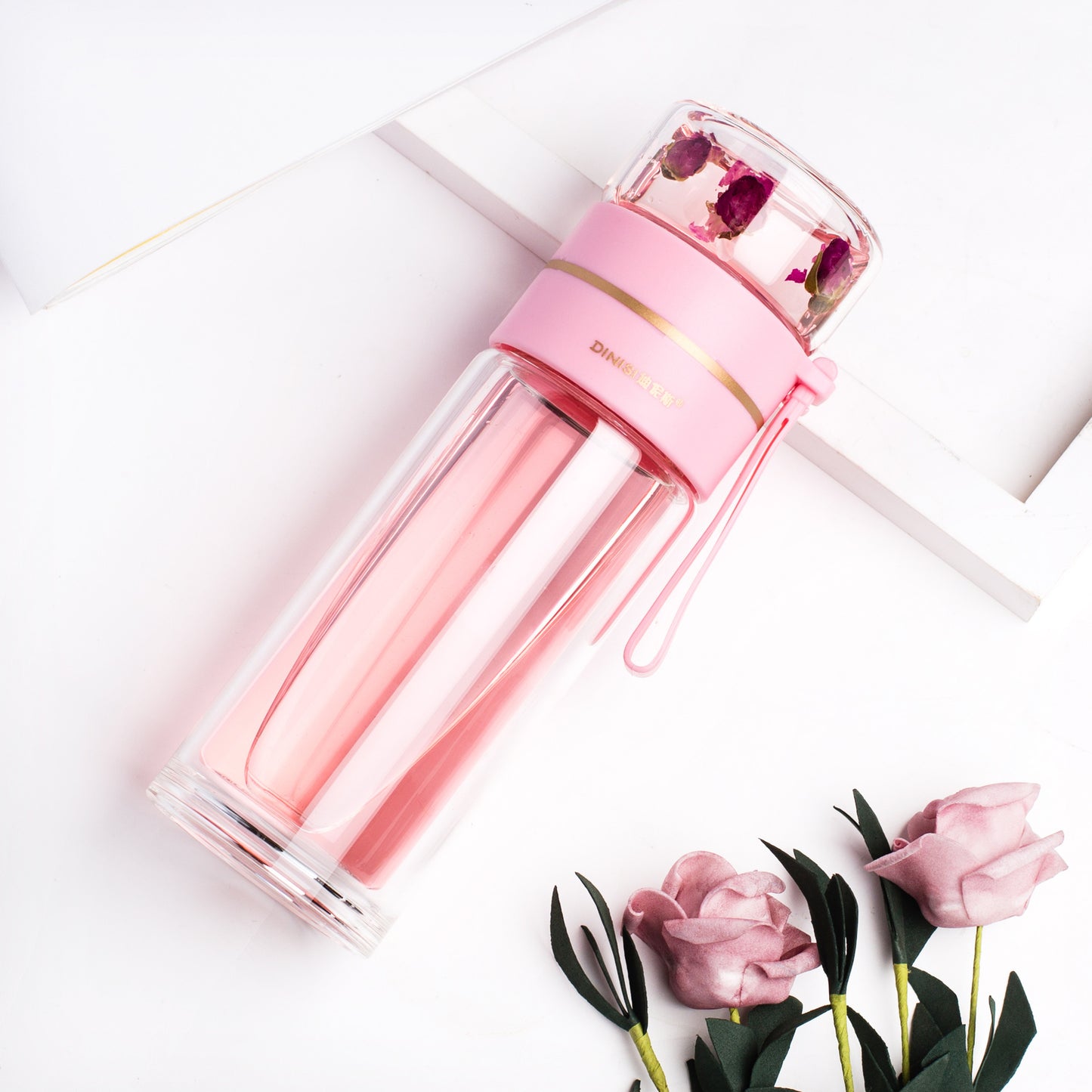 Glass Water Bottle with Tea Infuser Filter Double Wall Design