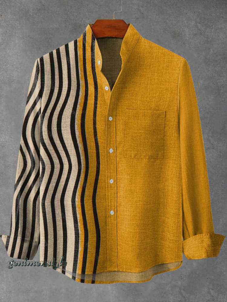Mens Stand Up Collar Long Sleeve Shirt With Irregular Striped 3D.