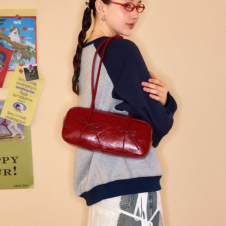 Red Bow Baguette Bag for Feminine Chic Daily Styling US Use