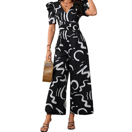 Buy Women’s Stylish Chic V-Neck Cinched-Waist Wide-Leg Jumpsuit
