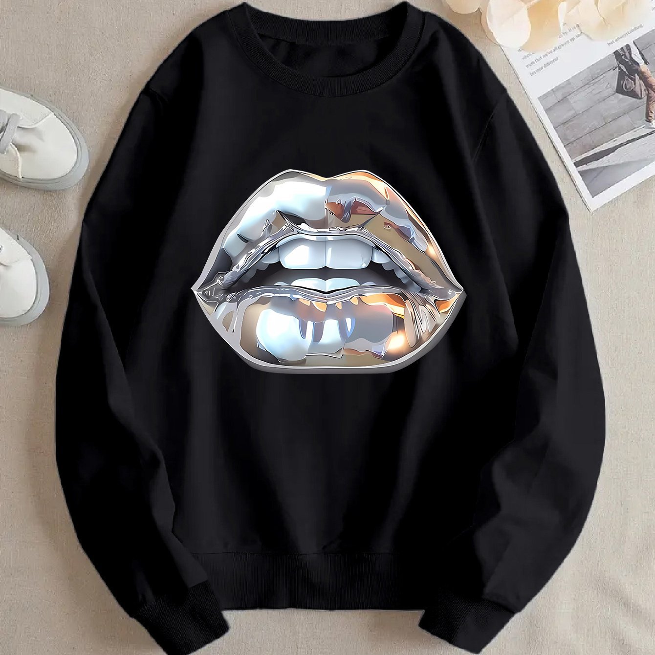 Buy Women’s Cartoon Silver Lip-Printed Sweatshirt for Casual Wear