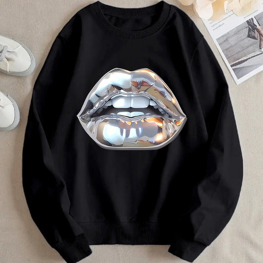 Buy Women’s Cartoon Silver Lip-Printed Sweatshirt for Casual Wear