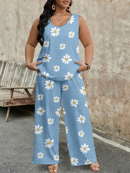 Daisy Print Sleeveless Wide Leg Pants Suit
