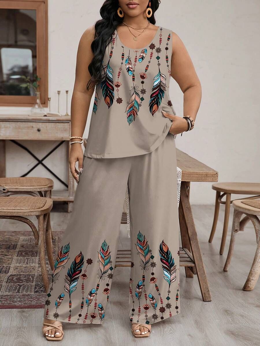 Daisy Print Sleeveless Wide Leg Pants Suit