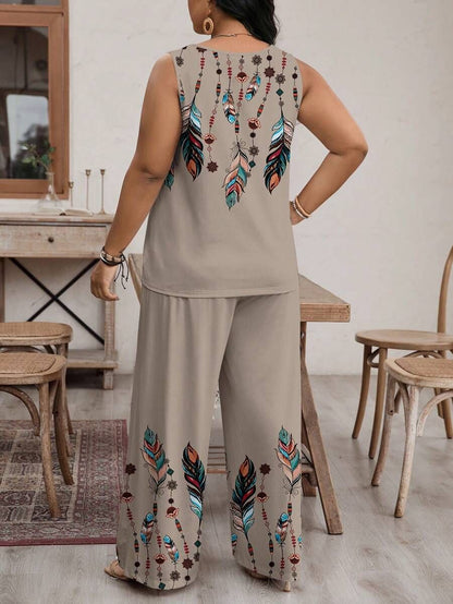 Daisy Print Sleeveless Wide Leg Pants Suit