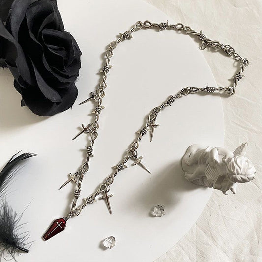 Dark Gothic Coffin Cross Sword Thorn Necklace