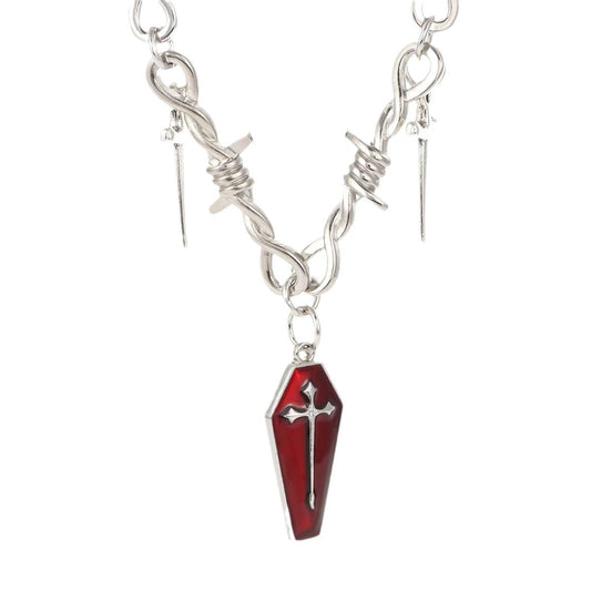 Dark Gothic Coffin Cross Sword Thorn Necklace