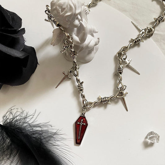 Dark Gothic Coffin Cross Sword Thorn Necklace