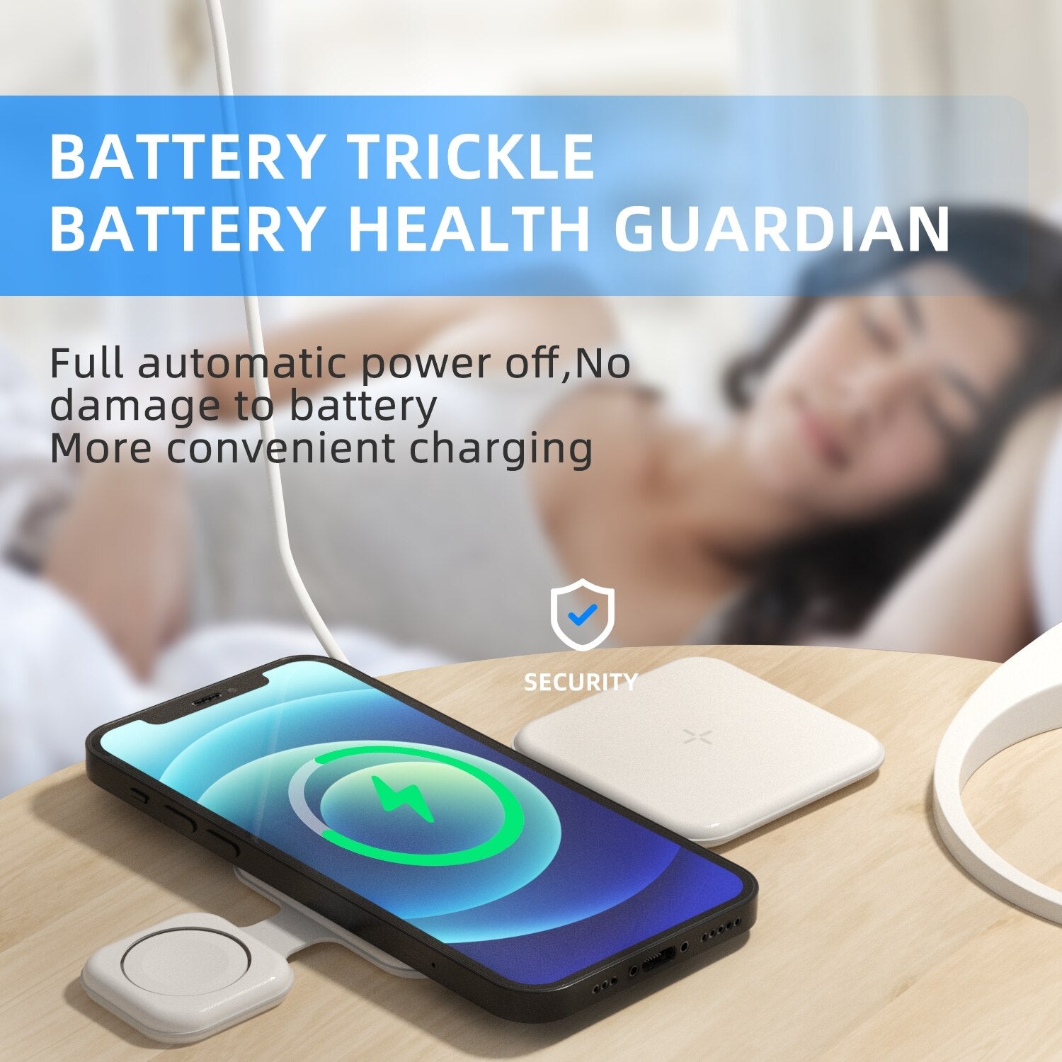 3-in-1 foldable wireless charger with phone, watch, and earbuds on a wooden surface. Global swanky 10