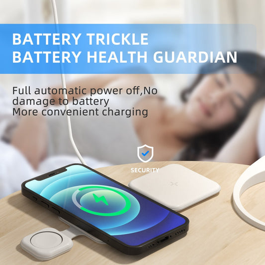 3-in-1 foldable wireless charger with phone, watch, and earbuds on a wooden surface. Global swanky 10