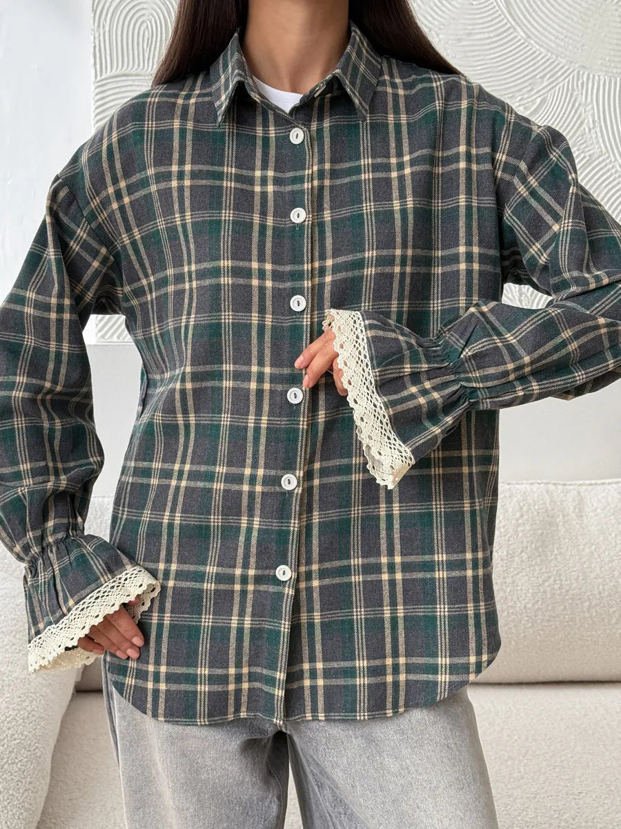 Womens Retro Loose-Fit Plaid Shirt  Casual Vintage Style