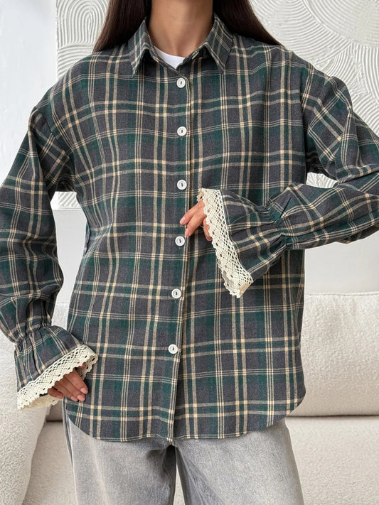 Womens Retro Loose-Fit Plaid Shirt  Casual Vintage Style