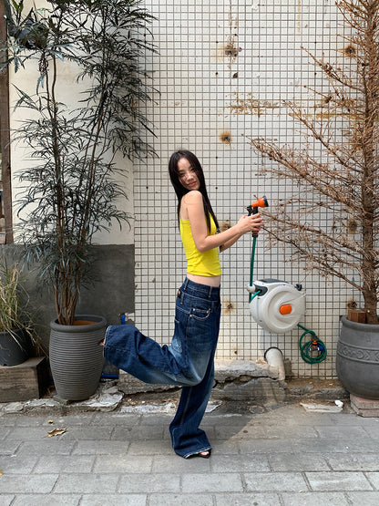 Deconstructed Double Waist Wide Leg Jeans
