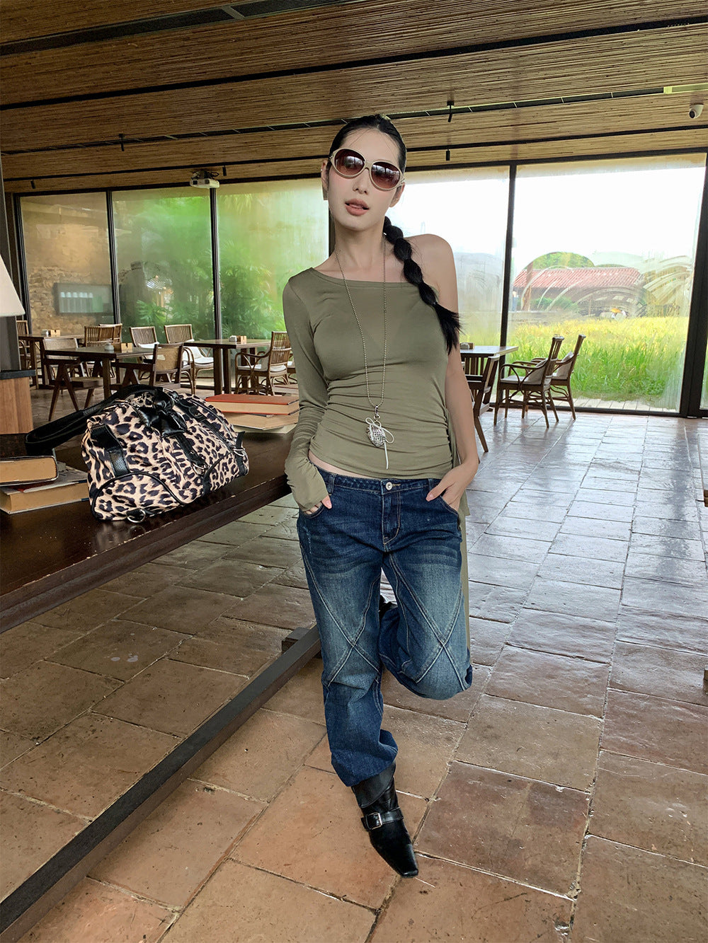 Deconstructed Flared Low-Waist Jeans