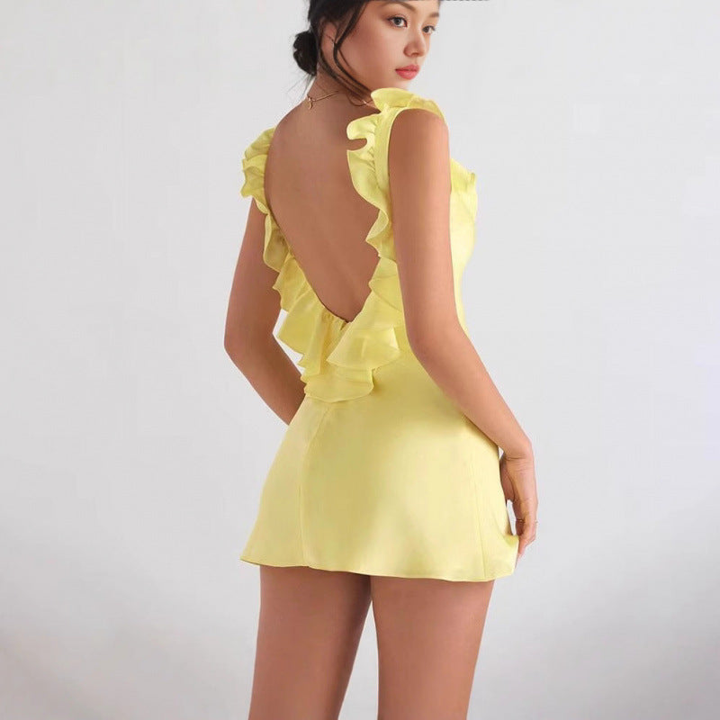 Deep V backless satin dress
