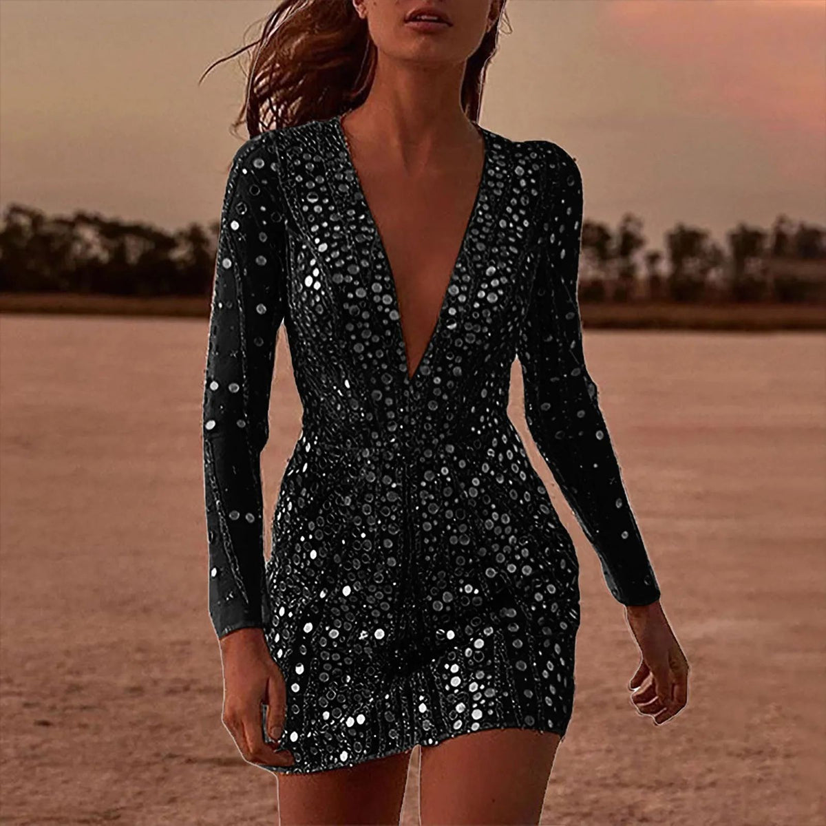 Deep V long-sleeved sequined dress