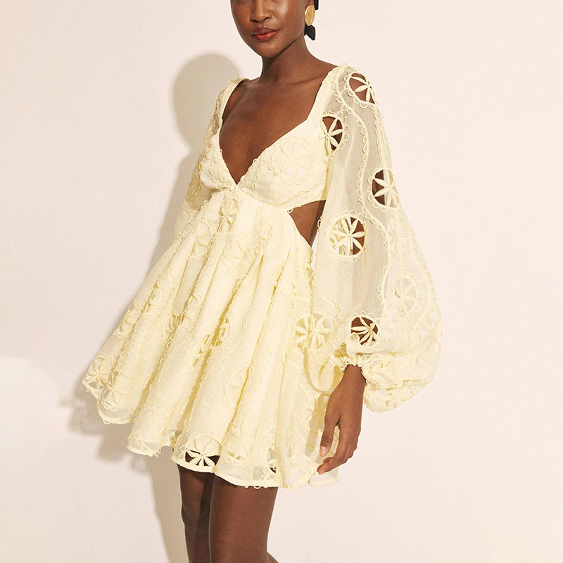 Deep V-neck Puff Sleeve Solid Color Skirt
