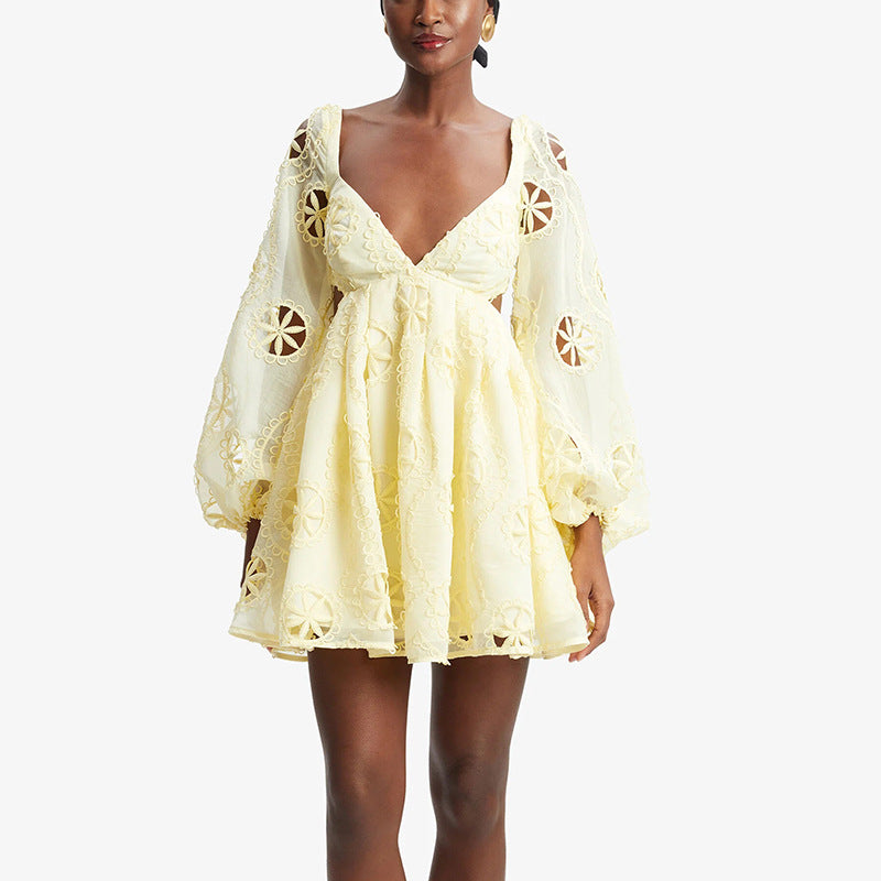 Deep V-neck Puff Sleeve Solid Color Skirt