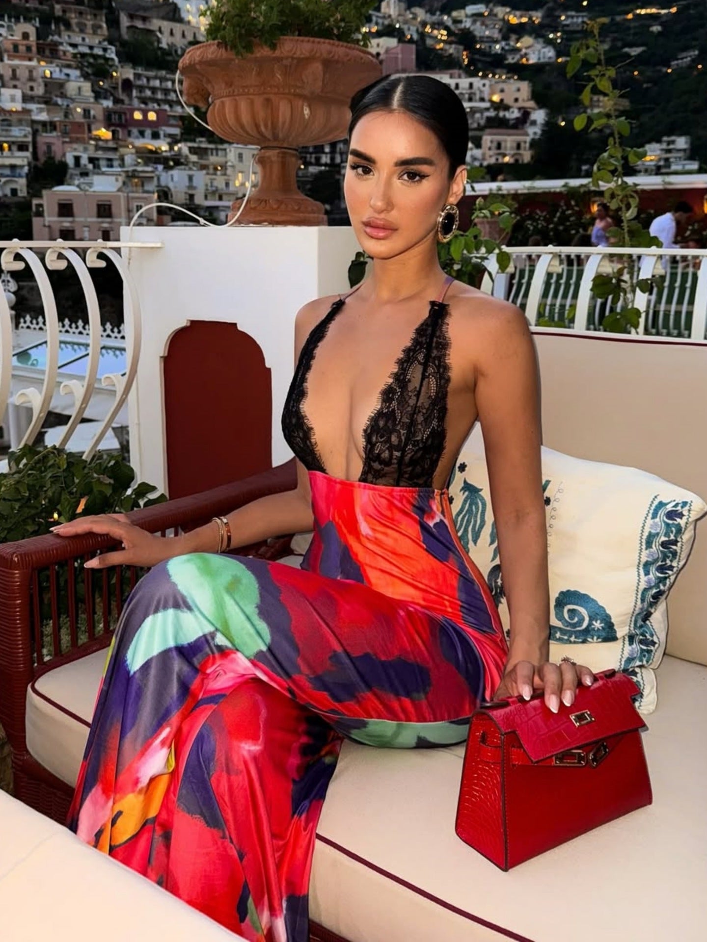 Deep V Neck Sleeveless Printed Dress