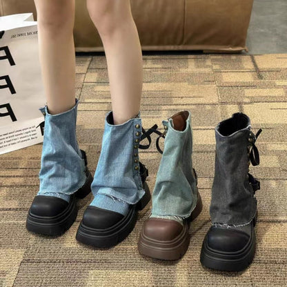 Denim Ankle Boots with Thick Heel
