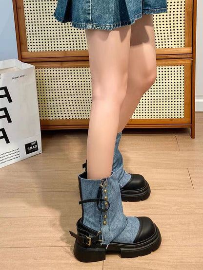 Denim Ankle Boots with Thick Heel