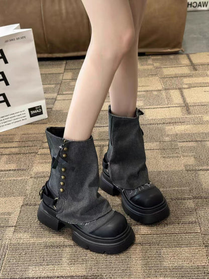 Denim Ankle Boots with Thick Heel