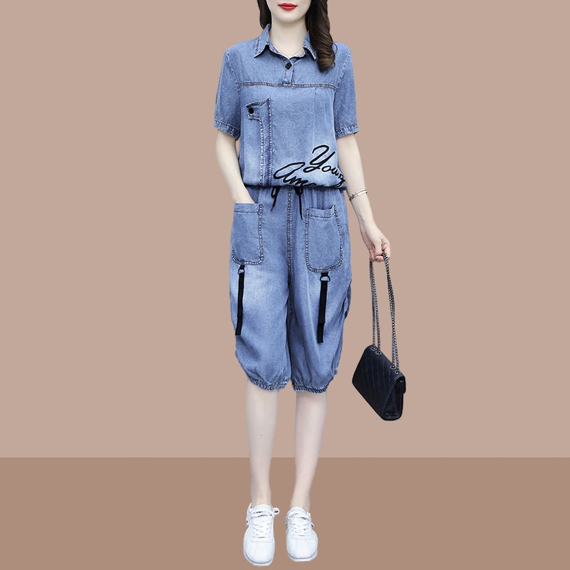 Denim Casual Suit for Women Summer Slimming Two-Piece Set